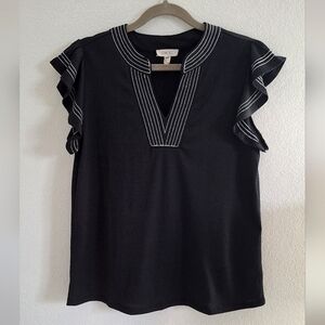 Como Blu Stitched Flutter Sleeve Split Neck Top Sz S